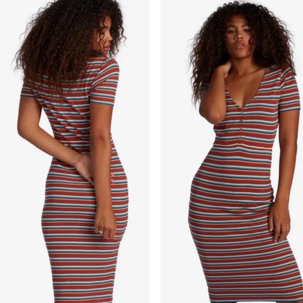 Roxy Long Dress Button Front Bring It On Stripes Maxi Length Sporty